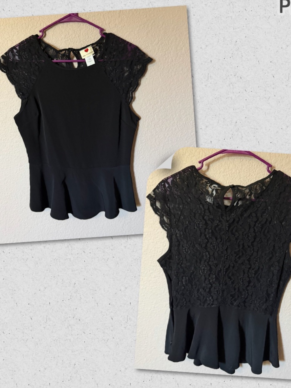 ONE CLOTHING Women Juniors Medium Black  Peplum Top Blouse Mix Lace NWOT